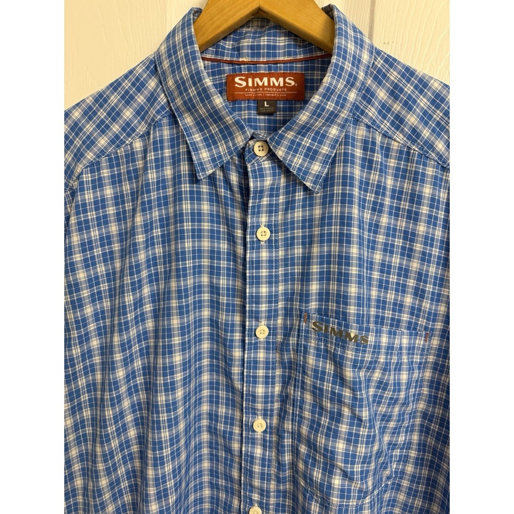 SIMMS Big Sky Short Sleeve Shirt Blue Plaid Performance Fishing Stretch Men's L